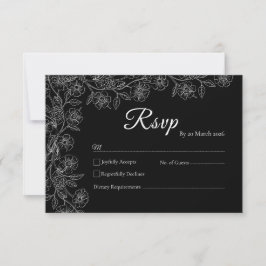 Black and White Floral Line Art Wedding RSVP Card Karte