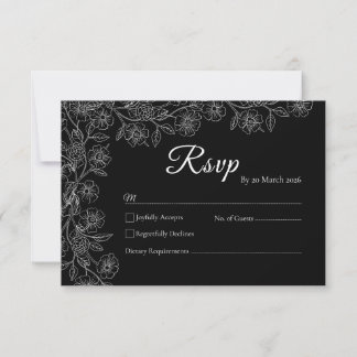 Black and White Floral Line Art Wedding RSVP Card Karte