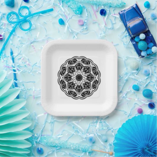 Black and white floral mandala square Pappteller (Party)