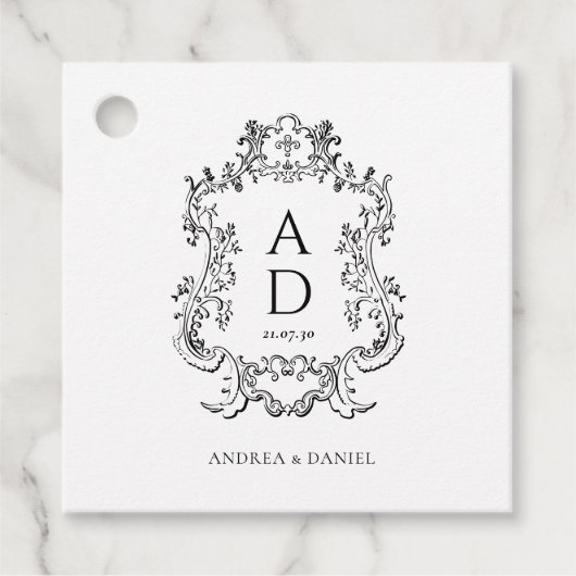 Black and White Floral Wedding Monogram  Geschenkanhänger (Vorderseite)