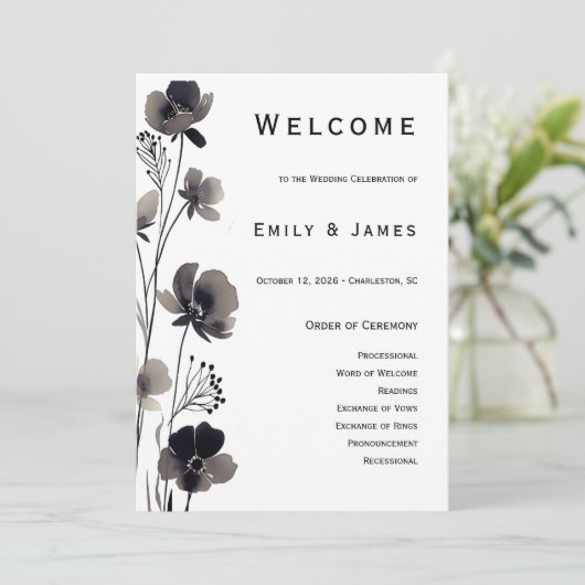 Black and White Floral Wedding Programm (Stehend Vorderseite)