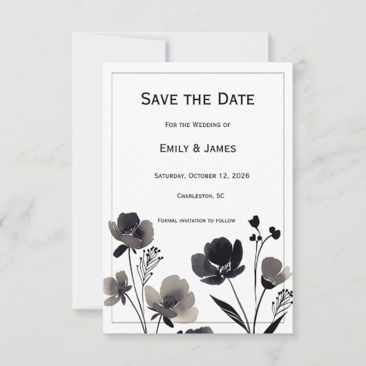 Black and White Floral Wedding Save The Date (Vorderseite)