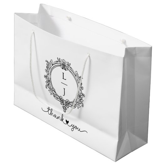 black and white foliage Crest wedding invitation Große Geschenktüte (Vorderseite Schrägansicht)