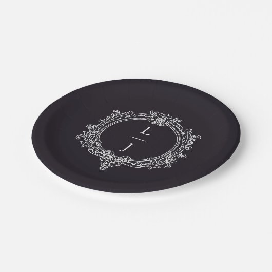 black and white foliage Crest wedding Pappteller (Schrägansicht)