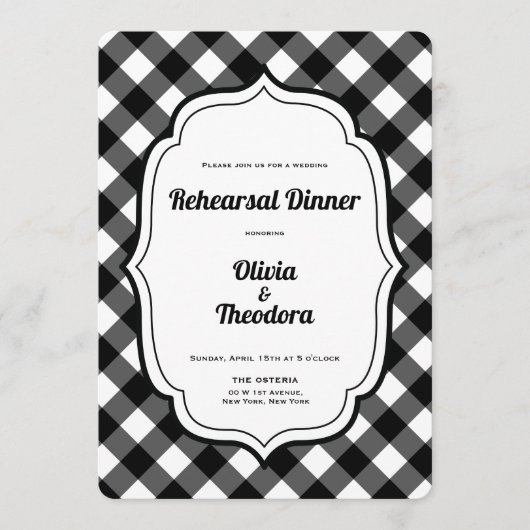 Black and White Gingam Rehearsal Dinner Invitation Einladung (Vorderseite)
