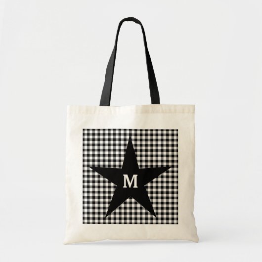 Black and White Gingham Anpassen Monogram Star Tragetasche (Vorne)