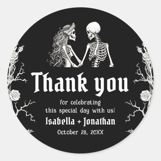 Black and White Gothic Halloween Skeleton Wedding Runder Aufkleber (Vorderseite)