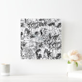Black and White Graffiti Abstract Collage Quadratische Wanduhr (Zuhause)