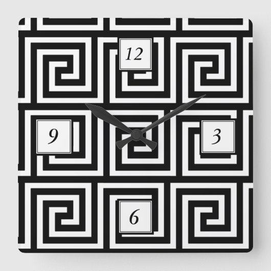 Black and White Greek Key Pattern Quadratische Wanduhr (Vorderseite)
