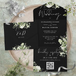 Black And White Greenery QR Code Monogram Wedding All In One Einladung<br><div class="desc">All in one wedding invitation featuring botanical greenery rustic leaves,  and elegant typography on a black background. The invitation includes a perforated RSVP card featuring a QR code. Designed by Thisisnotme©</div>