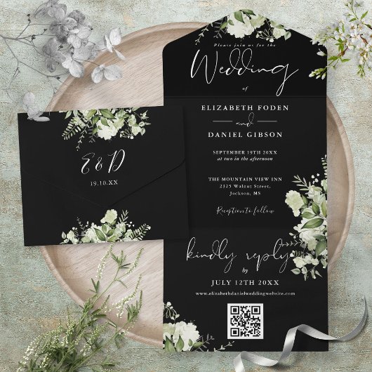 Black And White Greenery QR Code Monogram Wedding All In One Einladung