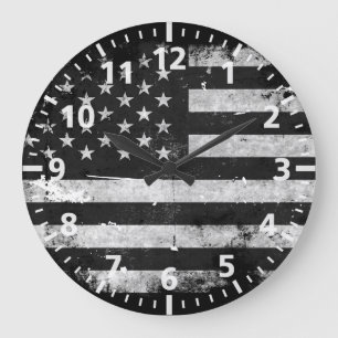 Black and White Grunge American Flag Große Wanduhr
