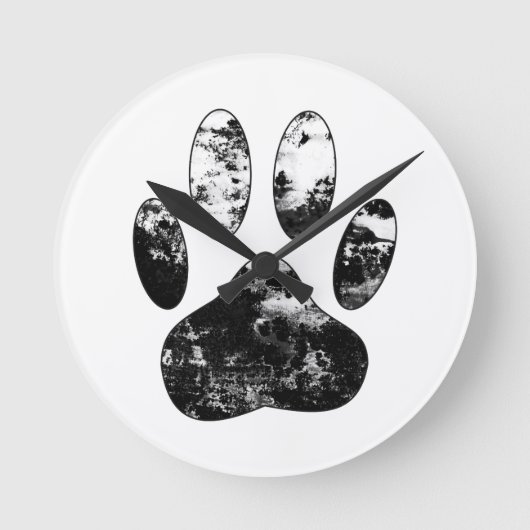 Black and White Grunge Dog Paw Print Runde Wanduhr (Vorderseite)
