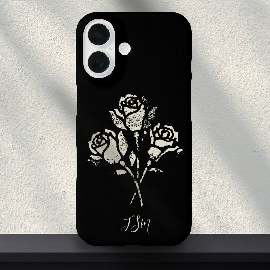 Black and White Grunge Stamp Roses Initials Case-Mate iPhone Hülle