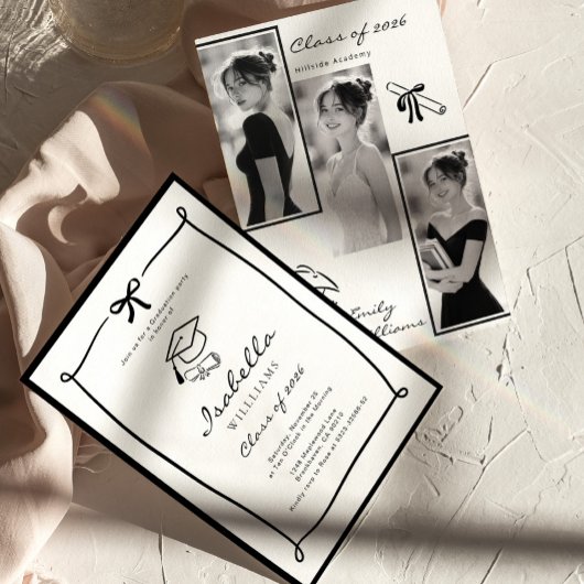 Black and White Hand Drawn Bow graduation Einladung