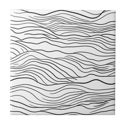 Black and White Hand-Drawn Wavy Line Pattern Fliese (Vorderseite)