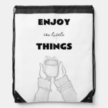 black and white hands with coffee on backpack