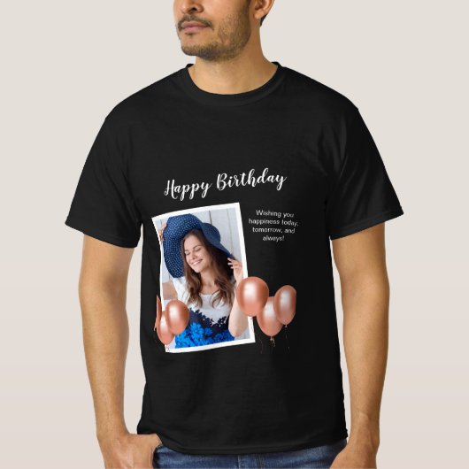 Black and White Happy Birthday Foto T - Shirt (Vorderseite)