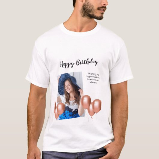 Black and White Happy Birthday Foto T - Shirt (Vorderseite)