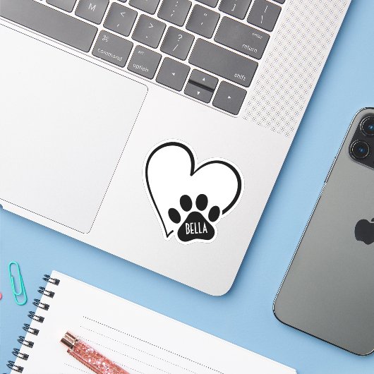 Black and White Heart Paw Print Aufkleber (Laptop mit iPhone)