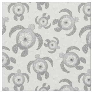 Black and White Honu Sea Turtles Hibiscus Flowers Stoff