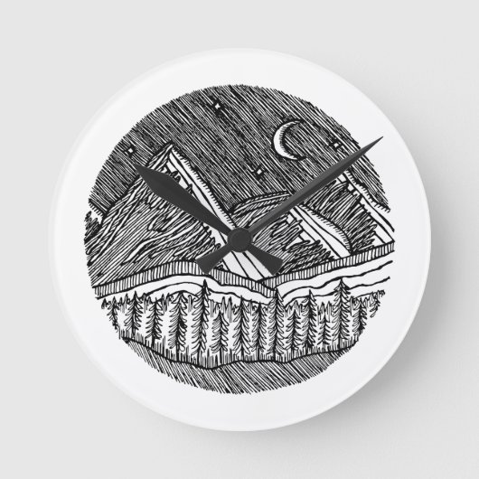 Black and White Ink-Drawn Round Alp Landscape Runde Wanduhr (Vorderseite)