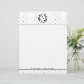 Black And White Laurel Monogram Polka Dot Pattern Briefbogen (Stehend Vorderseite)