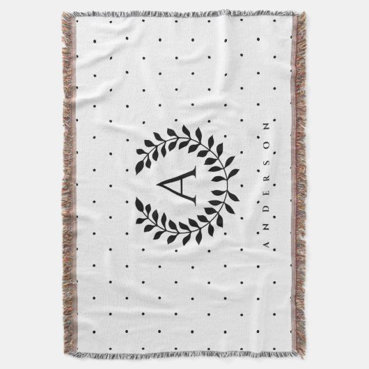 Black And White Laurel Monogram Polka Dot Pattern Decke (Vorderseite Vertikal)