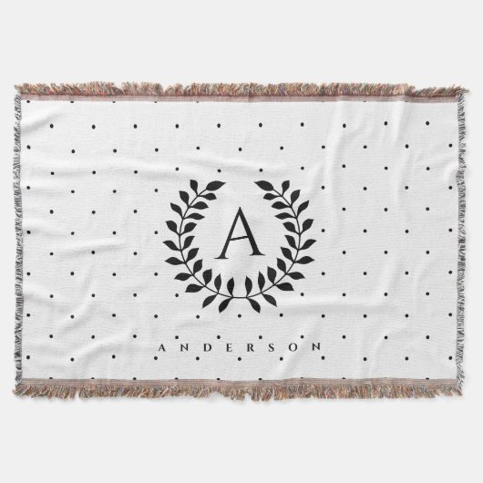Black And White Laurel Monogram Polka Dot Pattern Decke (Vorderseite)