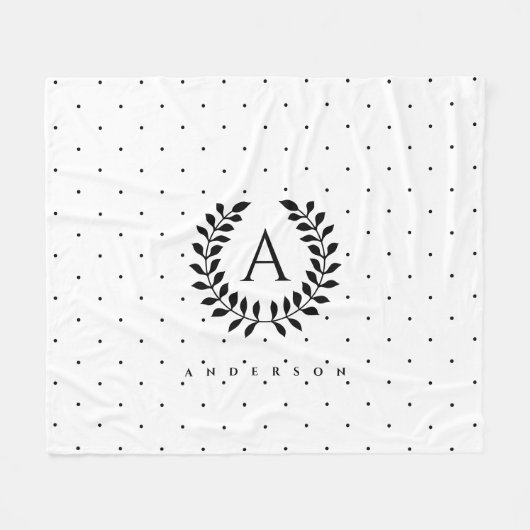 Black And White Laurel Monogram Polka Dot Pattern Fleecedecke (Vorderseite (Horizontal))