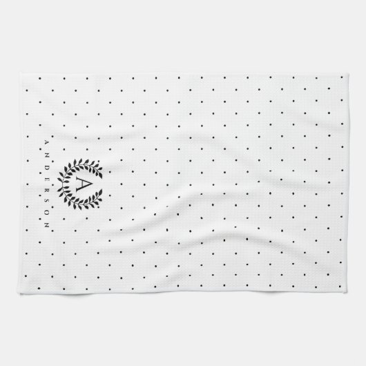 Black And White Laurel Monogram Polka Dot Pattern Geschirrtuch (Horizontal)