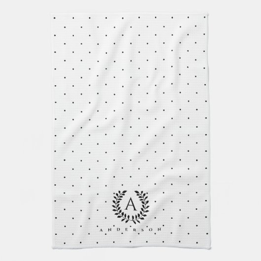 Black And White Laurel Monogram Polka Dot Pattern Geschirrtuch (Vertikal)
