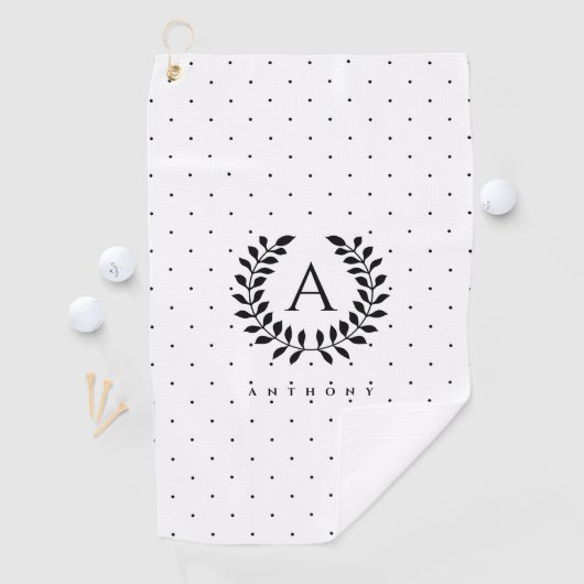 Black And White Laurel Monogram Polka Dot Pattern Golfhandtuch (Insitu)