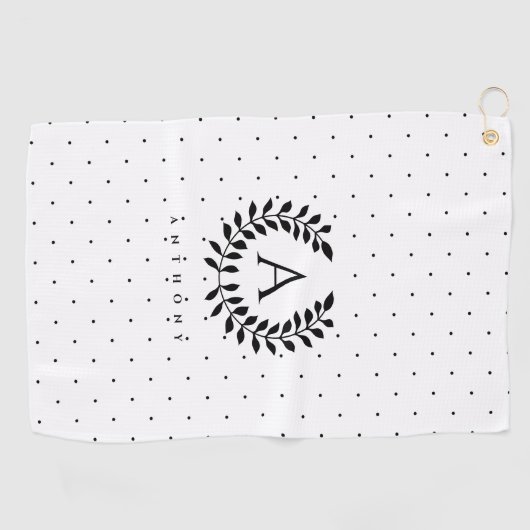Black And White Laurel Monogram Polka Dot Pattern Golfhandtuch (Horizontal)
