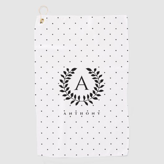 Black And White Laurel Monogram Polka Dot Pattern Golfhandtuch (Vorderseite)