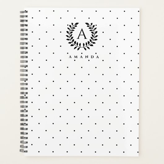 Black And White Laurel Monogram Polka Dot Pattern Planer (Vorderseite)