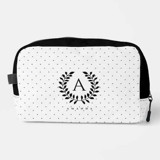 Black And White Laurel Monogram Polka Dot Pattern Waschbeutel (Vorderseite)