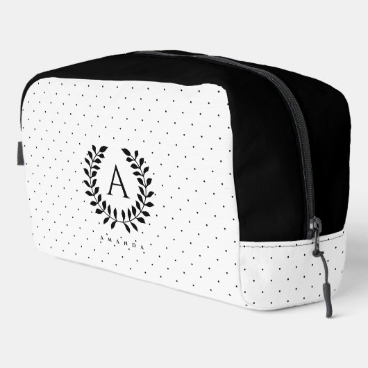 Black And White Laurel Monogram Polka Dot Pattern Waschbeutel (Rechte Ecke)