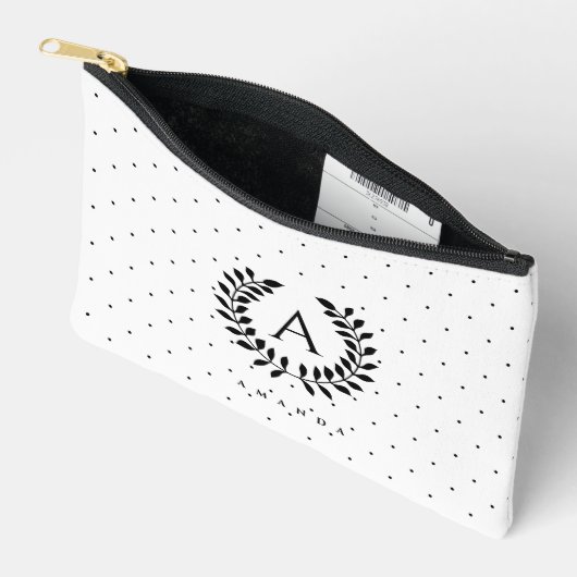 Black And White Laurel Monogram Polka Dot Pattern Zubehörtasche (Offen)