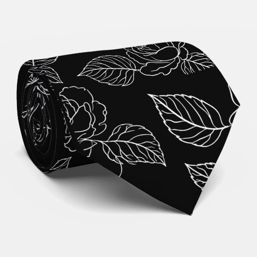 Black And White Leafy NeckTie Krawatte (Gerollt)