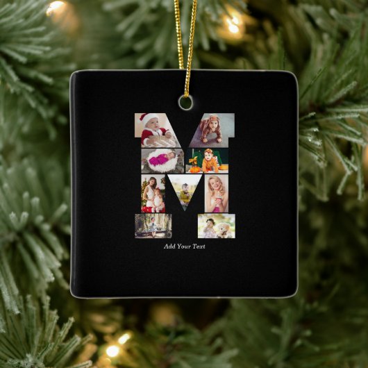 Black and White Letter M Photo Collage Keramikornament (Baum)