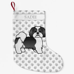 Black and White Lhasa Apso Cartoon Dog & Name Kleiner Weihnachtsstrumpf
