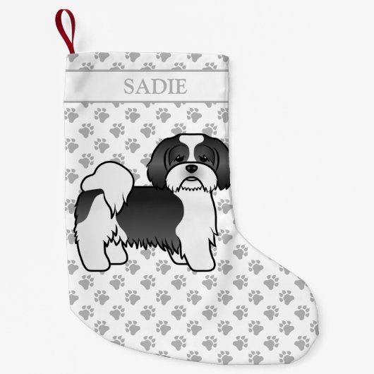 Black and White Lhasa Apso Cartoon Dog & Name Kleiner Weihnachtsstrumpf (Vorderseite)