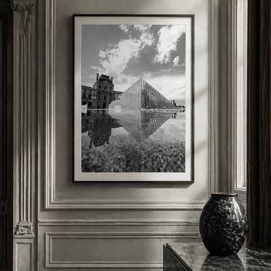 Black and White Louvre Pyramid Paris Reflection Poster