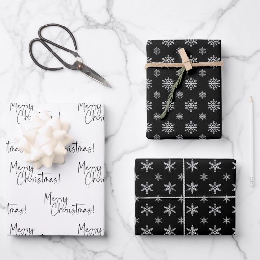 Black and White Merry Christmas Snowflakes Geschenkpapier Set (Vorderseite)