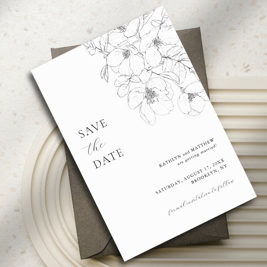 Black and White Minimalist Floral Modern Wedding Save The Date