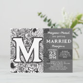 Black and White Monogram M Tattoo Flowers Wedding Einladung