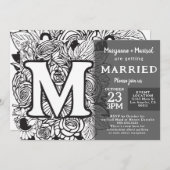 Black and White Monogram M Tattoo Flowers Wedding Einladung (Vorne/Hinten)