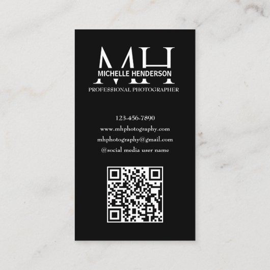 Black and White Monogrammed Logo 1 Photo Qr Code B Visitenkarte (Rückseite)