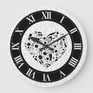 Black and White Music Notes Heart Wall Clock Große Wanduhr